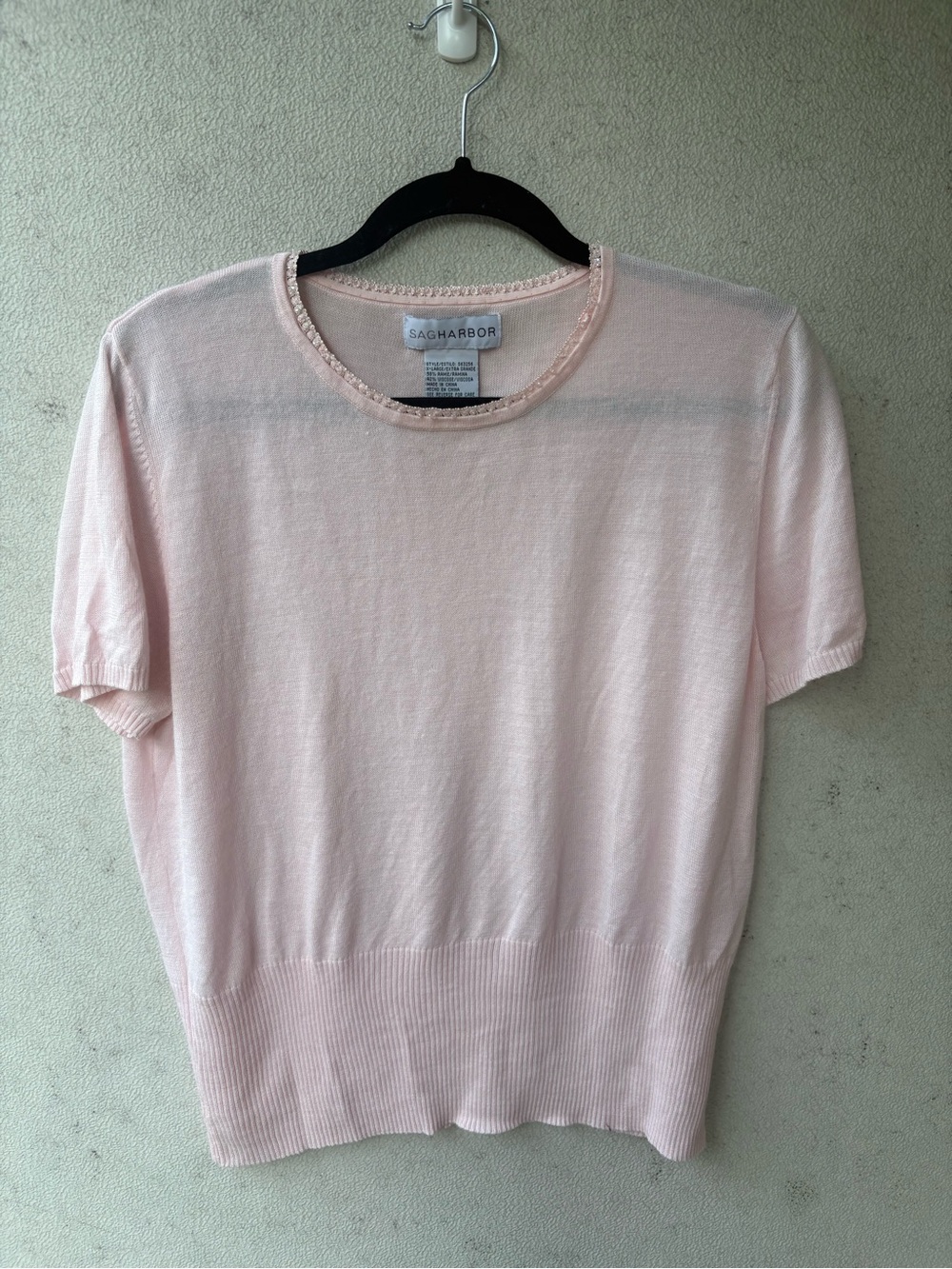 Sag Harbor XL Pink Ramie Blend Knit Top Beaded Crochet Neckline